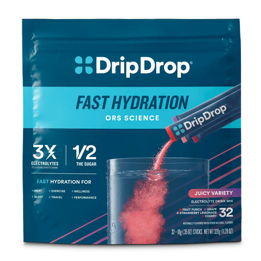 DripDrop Original Electrolyte Powder, Juicy Variety Pack, 8 oz sticks, 32 Pack