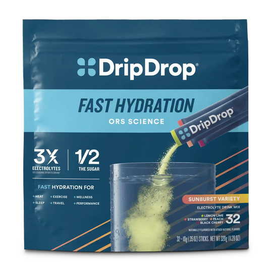 DripDrop Original Electrolyte Powder, Sunburst Variety Pack, 8 oz sticks, 32 Pack