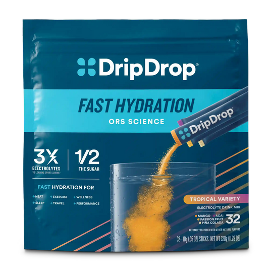DripDrop Original Electrolyte Powder, Tropical Variety Pack, 8 oz sticks, 32 Pack