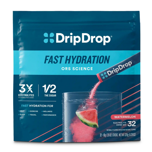 DripDrop Original Electrolyte Powder, Watermelon. 8 oz sticks, 32 Pack