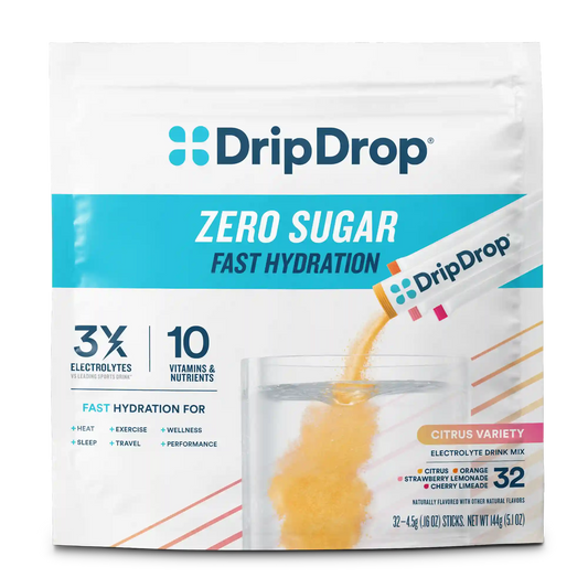 DripDrop Zero Sugar Electrolyte Powder, Citrus Variety Pack, 8 oz sticks, 32 Pack