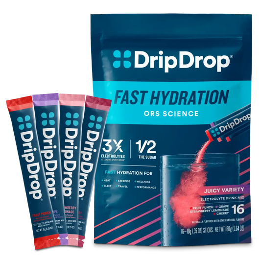 DripDrop Original Electrolyte Powder, Juicy Variety Pack, 8 oz sticks, 16 Pack
