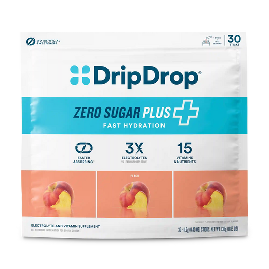 DripDrop Zero Sugar Plus Electrolyte Powder, Peach, 16 oz sticks, 30 Pack
