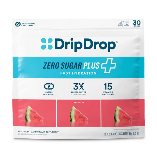 DripDrop Zero Sugar Plus Electrolyte Powder, Watermelon, 16 oz sticks, 30 Pack