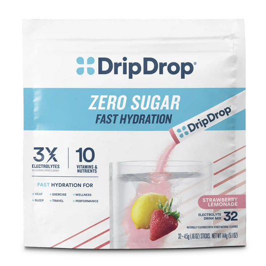 DripDrop Zero Sugar Electrolyte Powder, Strawberry Lemonade, 8 oz sticks, 32 Pack