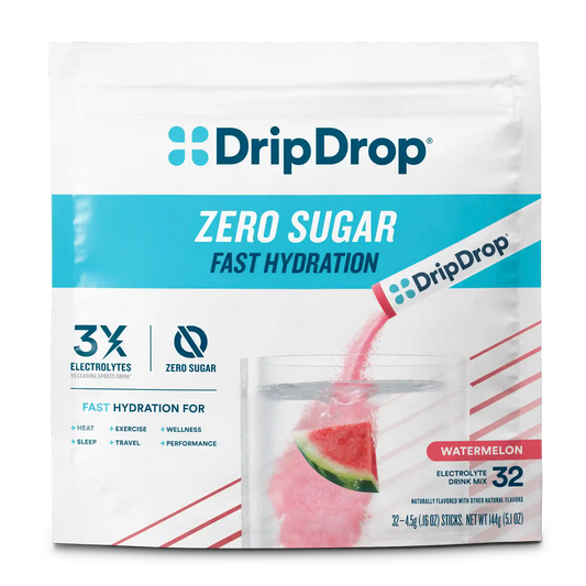 DripDrop Zero Sugar Electrolyte Powder, Watermelon, 8 oz sticks, 32 Pack