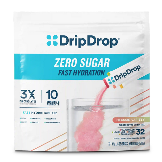 DripDrop Zero Sugar Electrolyte Powder, Classic Variety Pack Electrolyte Powder, 8 oz sticks, 32 Pack