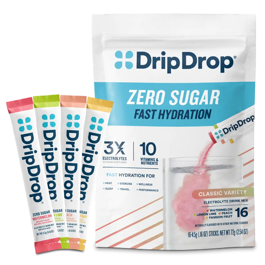 DripDrop Zero Sugar Electrolyte Powder, Classic Variety Pack, 8 oz sticks, 16 Pack